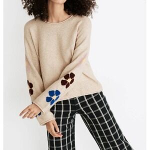 Madewell Belmore Sweater Women's XXS Beige Crew Neck Floral Sleeve Pullover